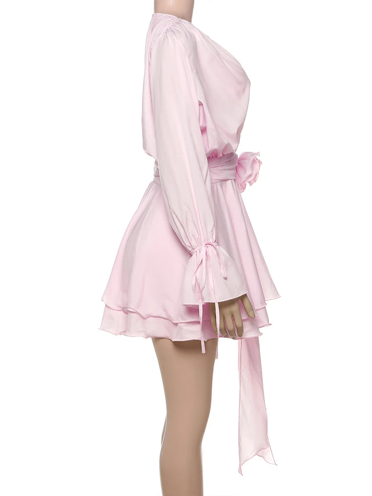 Weird Puss 3D Flower Decoration Dress Women Y2K Sweet Style Flare Sleeve Ruched Ribbon Vacation Fashion Elegant Mini Bodycon