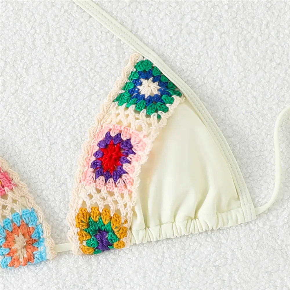 Black Thong Micro Knitted Crochet Bikini 2025 String Halter Swimwear Sexy Swimsuit Women Lace-up Bathing Suit Black Bikinis Sets