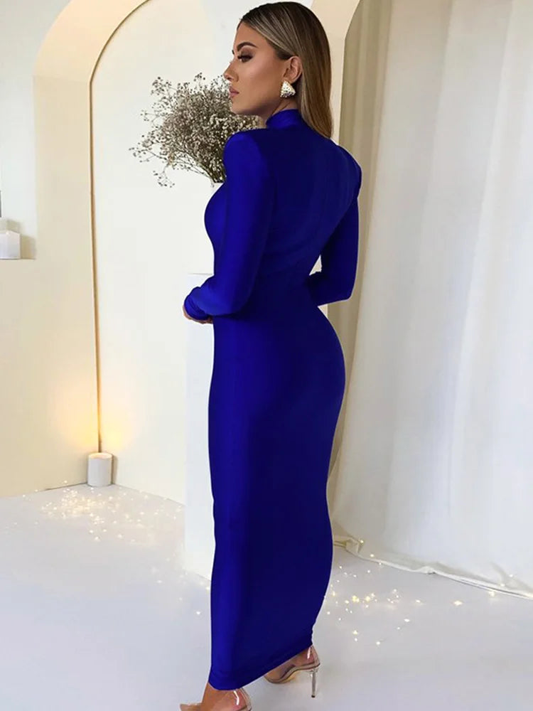 Shoulder Padded Long Sleeve Bodycon Green Party Club Maxi Long Dress 2023 Spring Autumn Women Fashion Elegant Clothes