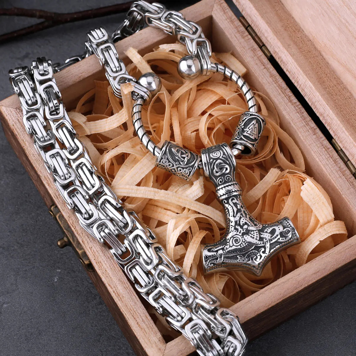Stainless Steel Viking Thor's Hammer Set Men's Retro Creative Pendant Necklace Party Gift Jewelry