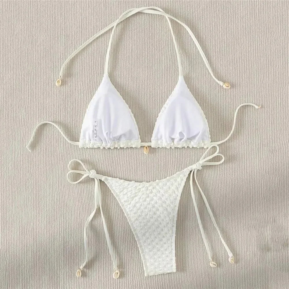 White String Micro Bikini Thong Sexy Swimsuit Women 2025 Shell Decorate Swimwear Bathing Suit Halter Triangle Bikinis Sets Mujer