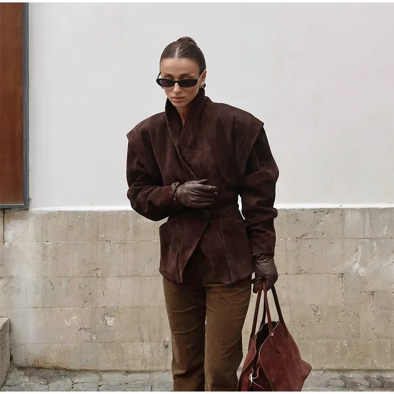 Dark Brown Suede One Button Blazer Women Long Sleeve Wide Shoulders Coat Autumn Highstreet Commute Fashion Solid Lady Outerwears