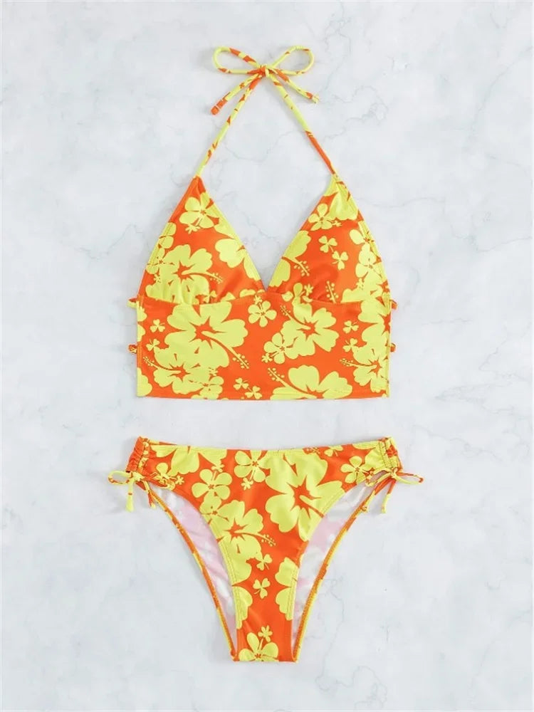 Sexy Yellow Floral Print Bikinis Set Women Halter Push Up Crop Top Swimsuit 2025 Beach Bathing Suit Lace Up High Waist Swimwear