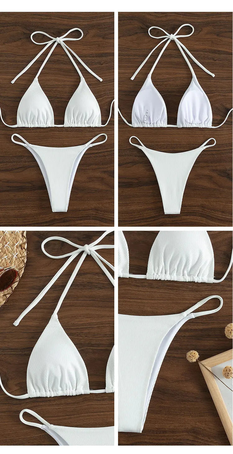 11 Colors Women Sexy Simple Solid Halter Bikini Swimsuit High Waisted Lace Up Beach Bathing Suit Special Pit Stripe Fabric 2024
