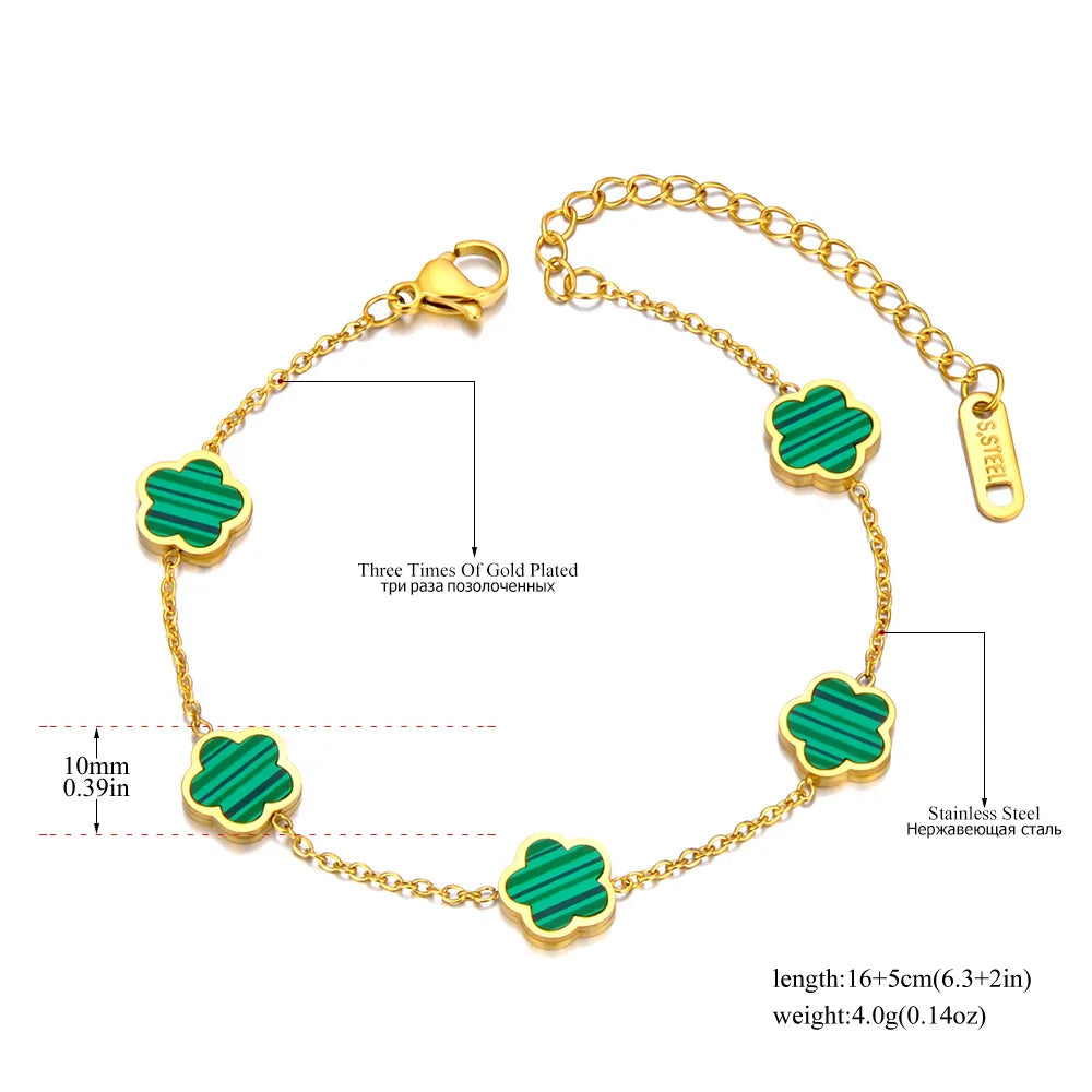 JeeMango Fashion Stainless Steel White Black Green Shell Flower Charm Bracelets For Women Real Gold Plated Chain Jewelry JB23071