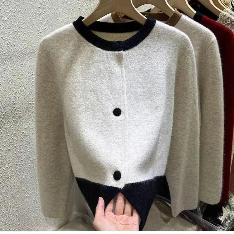Xiaoxiangfeng Contrasting Color Sweater Jacket for Women in Autumn Winter Spring and Autumn Lazy Style Small Knitted Cardigan