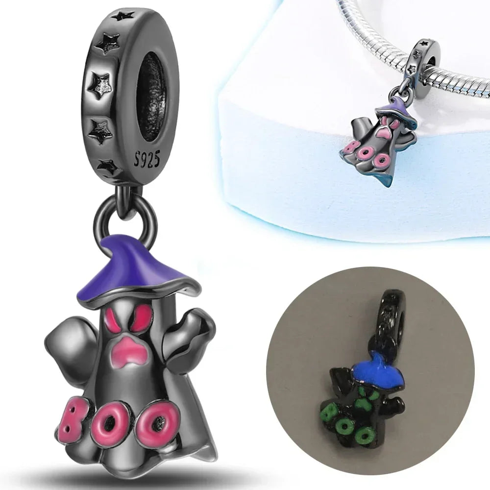 Sterling Silver 925 Halloween Series Luminous Pumpkin Blood Devil Charm for Women Original Bracelet Diy Jewelry Making Gift