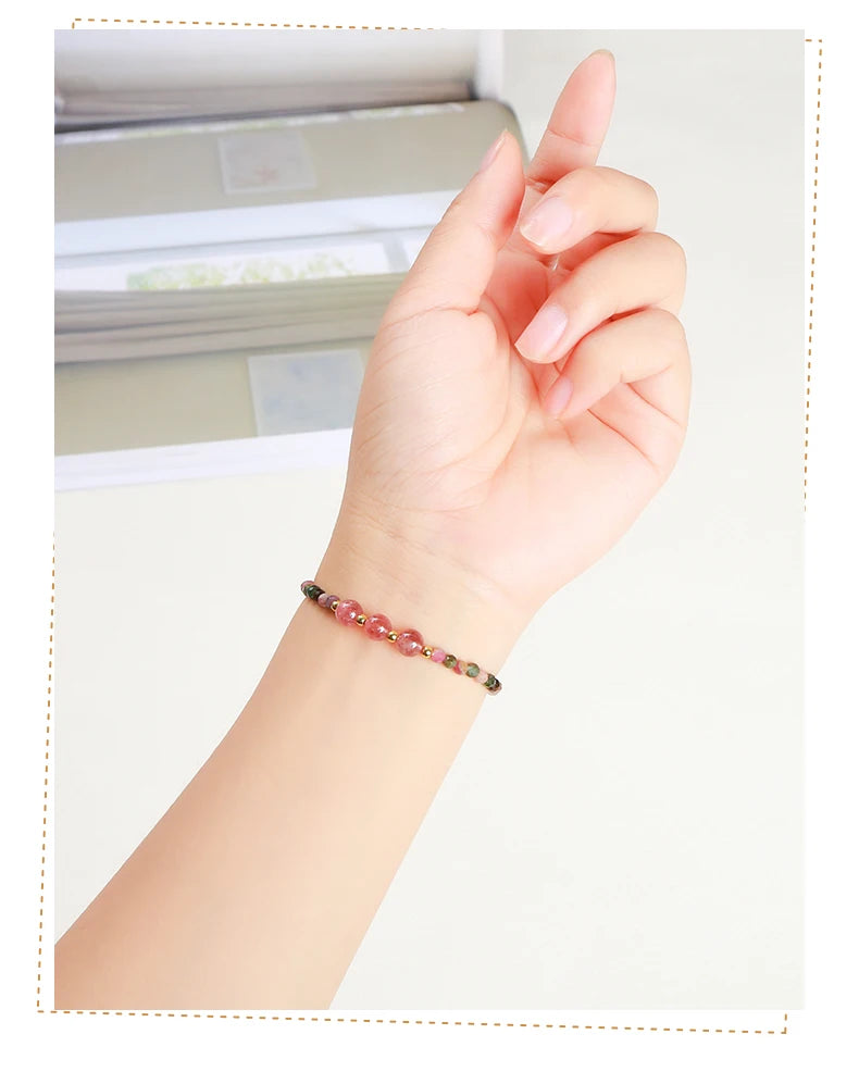 JD Natural Stone Faceted Rainbow Tourmaline Strawberry Quartz Bracelet Women Luxury Thin Adjustable Reiki Healing String Jewelry
