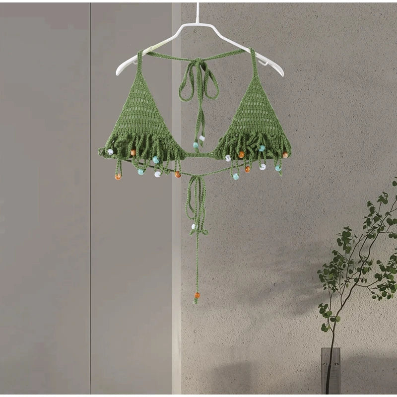 Sexy Beach Knit Women's Sets Crochet Flower Bikini Mini Skirt Female Suits 2025 Summer Halter Sleeveless Backless Top Skirts Set