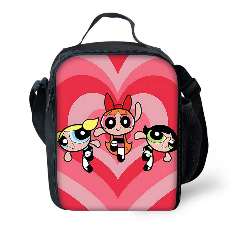 Cute P-PowerpuffS Girls 3 pcs set Child School Backpack with Lunch Bags ,Pencil Bags ,School Bags for Boys Girls Best Gift