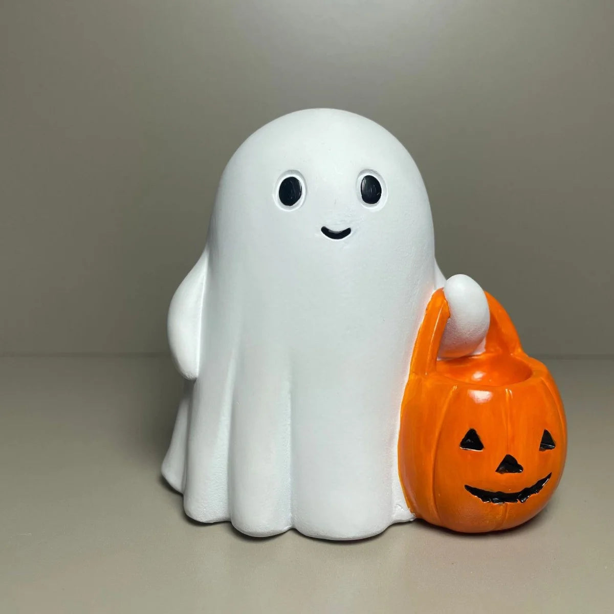 Cute Ghost Figurine with Pumpkin Bag - Luminous Resin Ghost Halloween Statue Desktop Ornament,For Halloween Decoration