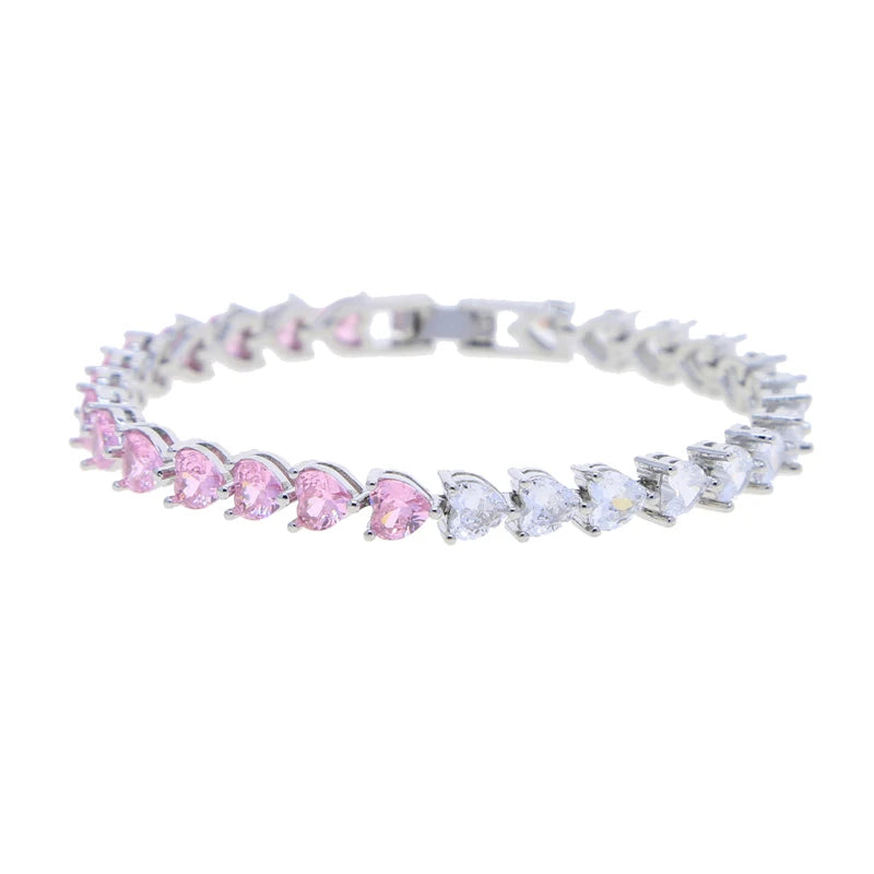 Iced Out Bling White Pink Heart Cubic Zirconia CZ Tennis Chain Bracelet 17cm 19cm 21cm Iced Out Bling Girlfriend Gift Jewelry