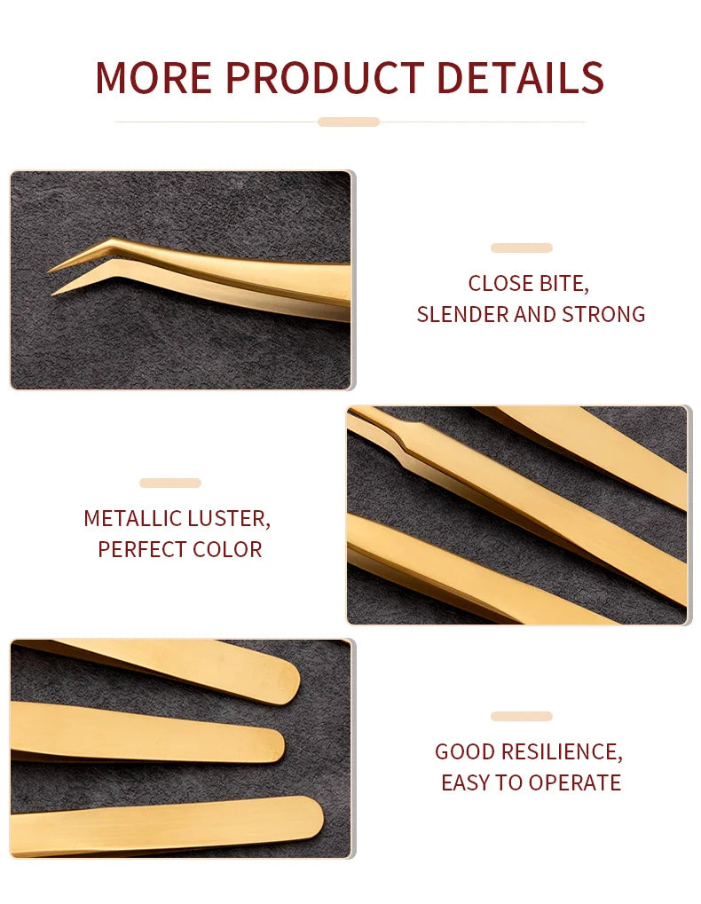 1PC Eyelash Tweezer For False Eyelash Extension Lash Fan Eyebrows Nail Art Clip Cilia Gold Stainless Steel Tweezers Makeup Tools