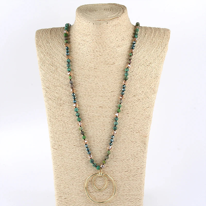 Fashion Bohemian Jewelry Accessory 6mm Stones/Crystal Knotted With Metal Round Pendant Necklaces Women Boho Gift