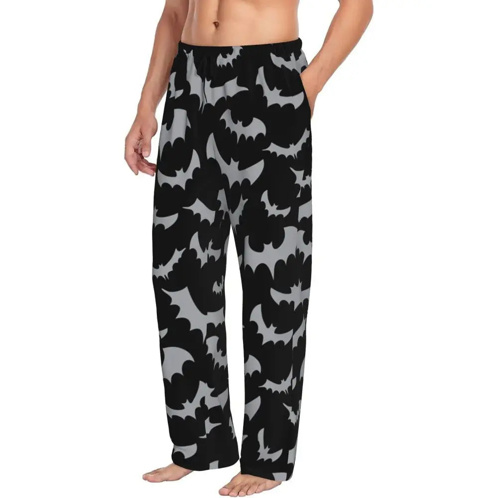 Custom Cute Spooky Halloween Bats Black And Purple Pajama Pants for Men Lounge Sleep Drawstring Sleepwear Bottoms with Pockets