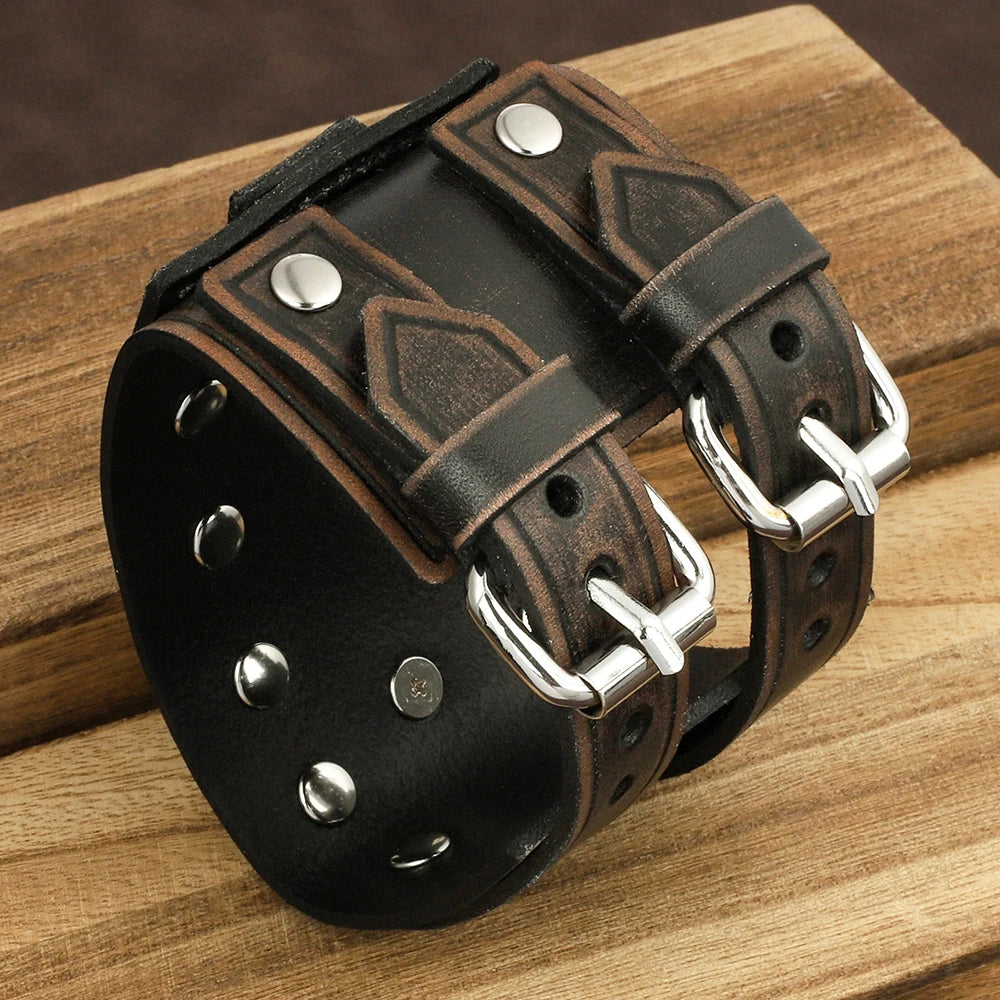 Vintage Punk Leather Cuff Strap 20mm Men's Wrist Watch Band with Mat Double Buckle Rivet Watchband Bracelet Watches Accessories