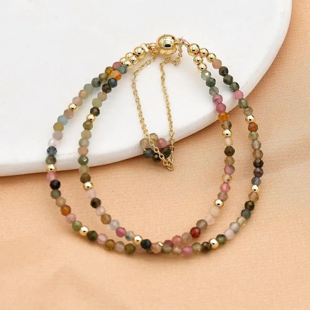 3MM Tourmaline Bracelets Double Layered Bohemian Colorful Crystal Beaded Bracelet Handmade Women Pulseira Fashion Jewelry