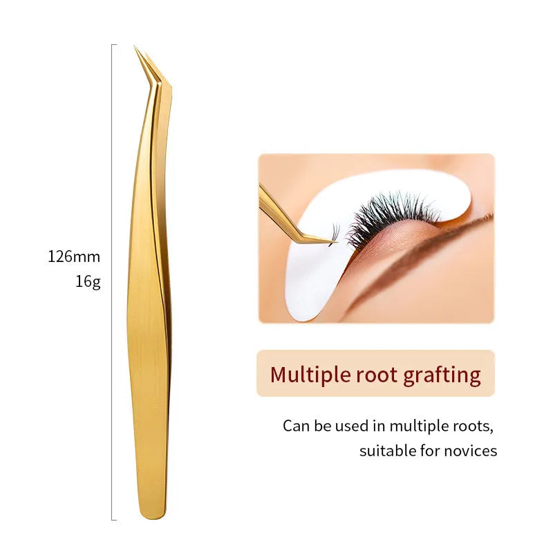 1PC Eyelash Tweezer For False Eyelash Extension Lash Fan Eyebrows Nail Art Clip Cilia Gold Stainless Steel Tweezers Makeup Tools