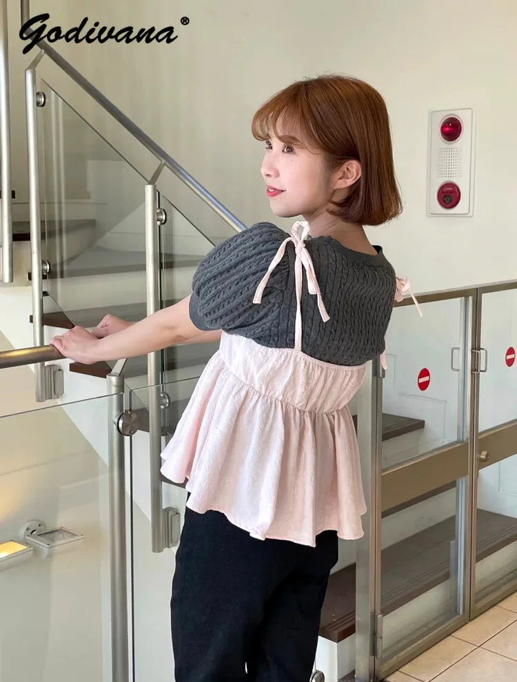 Japanese New Spring Ladies Sweet Bubble Short Sleeve Twist Knitted Top Sweater Letter Embroidered Pure Color Women's T-shirt