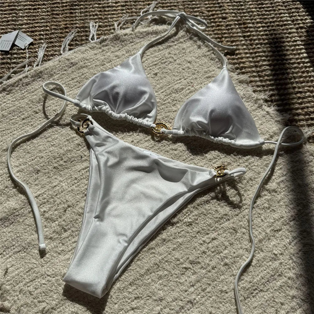 Solid Orange Swimwear Metal Ring String Halter Triangle Micro Bikini Thong Sexy Swimsuit Women 2025 Bathing Suit Bikinis Sets