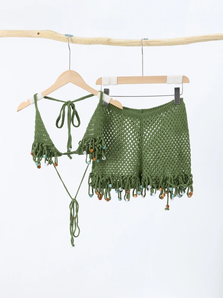 Sexy Beach Knit Women's Sets Crochet Flower Bikini Mini Skirt Female Suits 2025 Summer Halter Sleeveless Backless Top Skirts Set