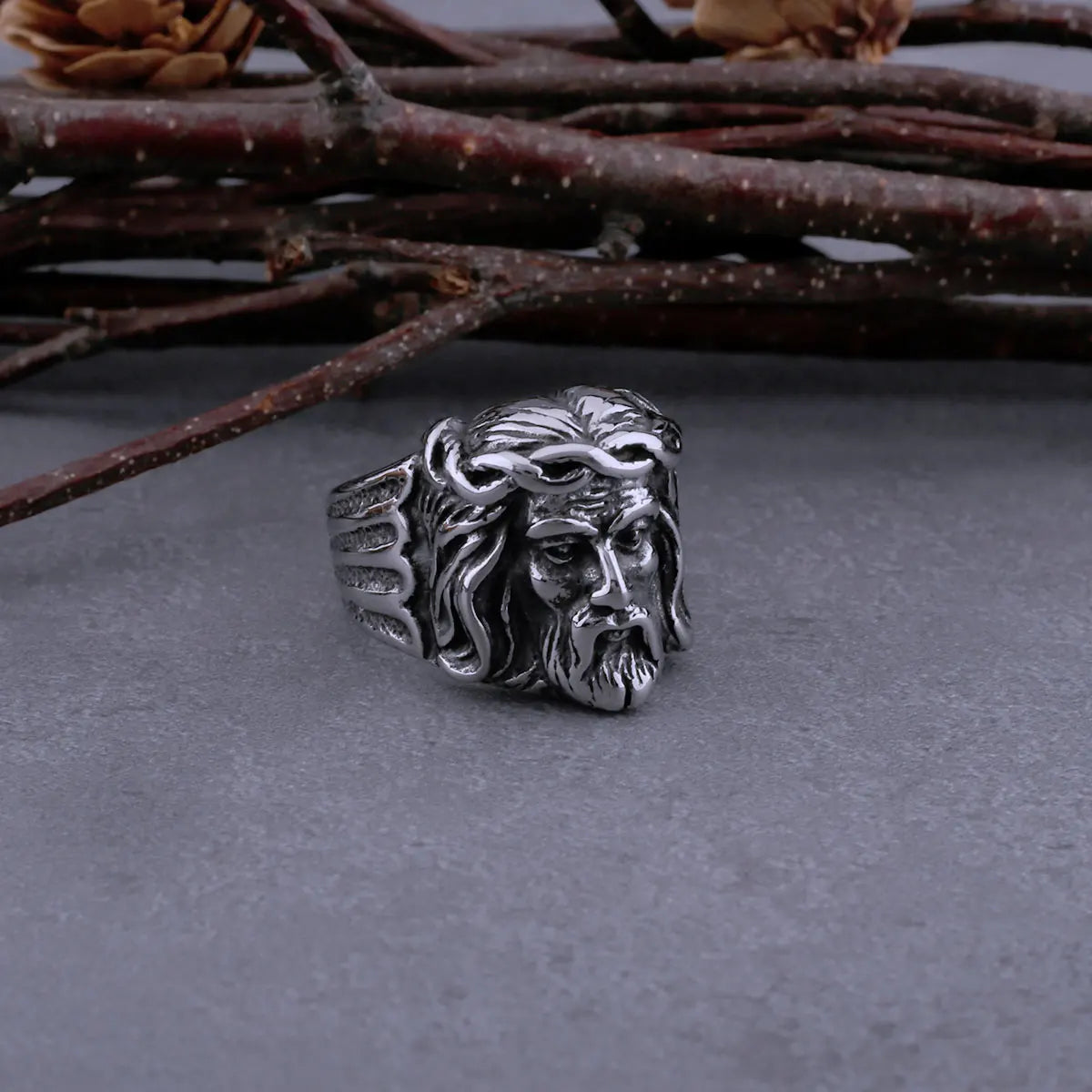 Stainless Steel Vintage Jesus Head Ring Men's High Quality Fashion Punk Catholic Faith Cross Ring Religious Biker Jewelry Gift
