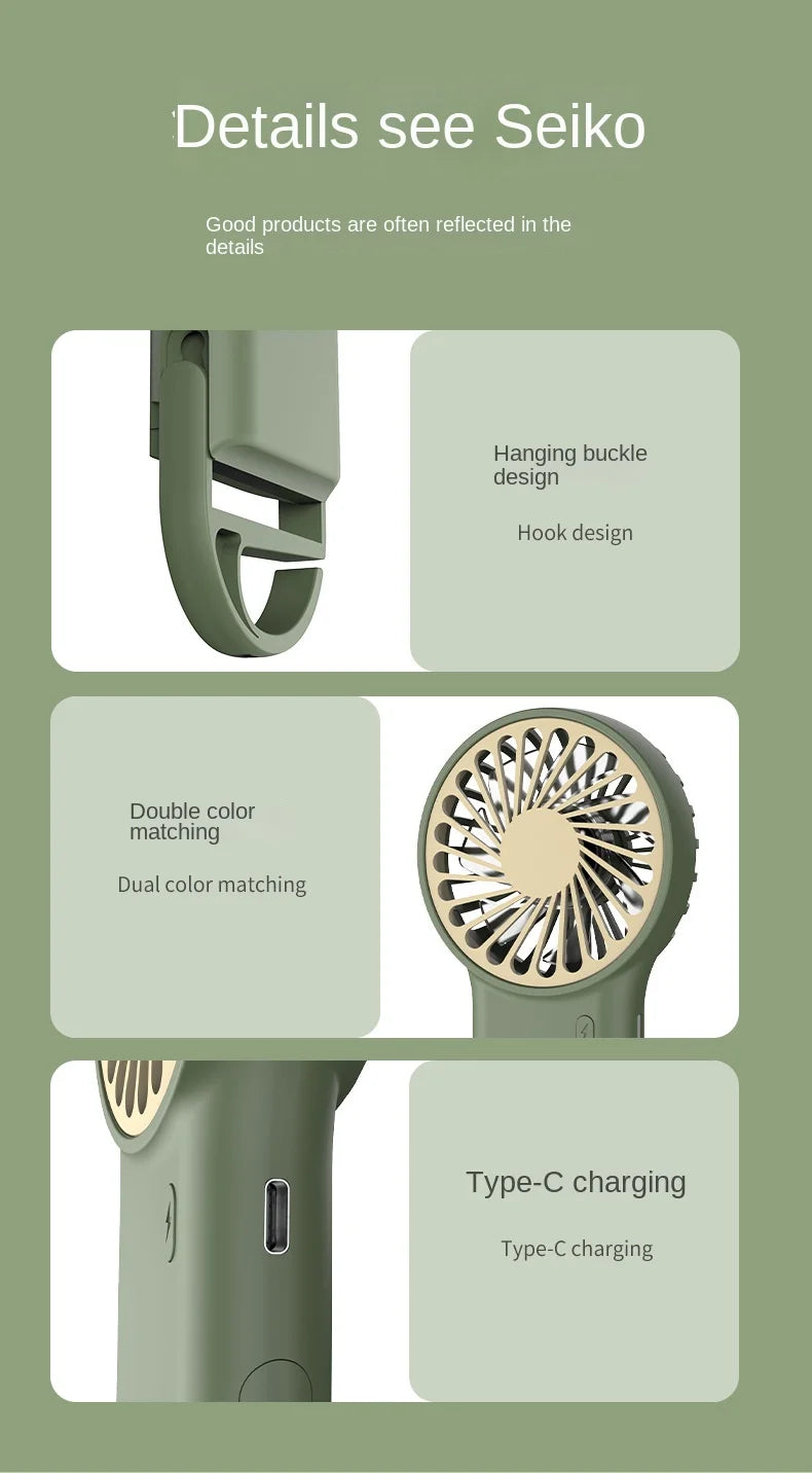 Cooling Electric Fan 3 Wind Speed Portable Pocket Fan For Travel Indoor Outdoor Usb Desktop Rechargeable Handheld Fan with Hook