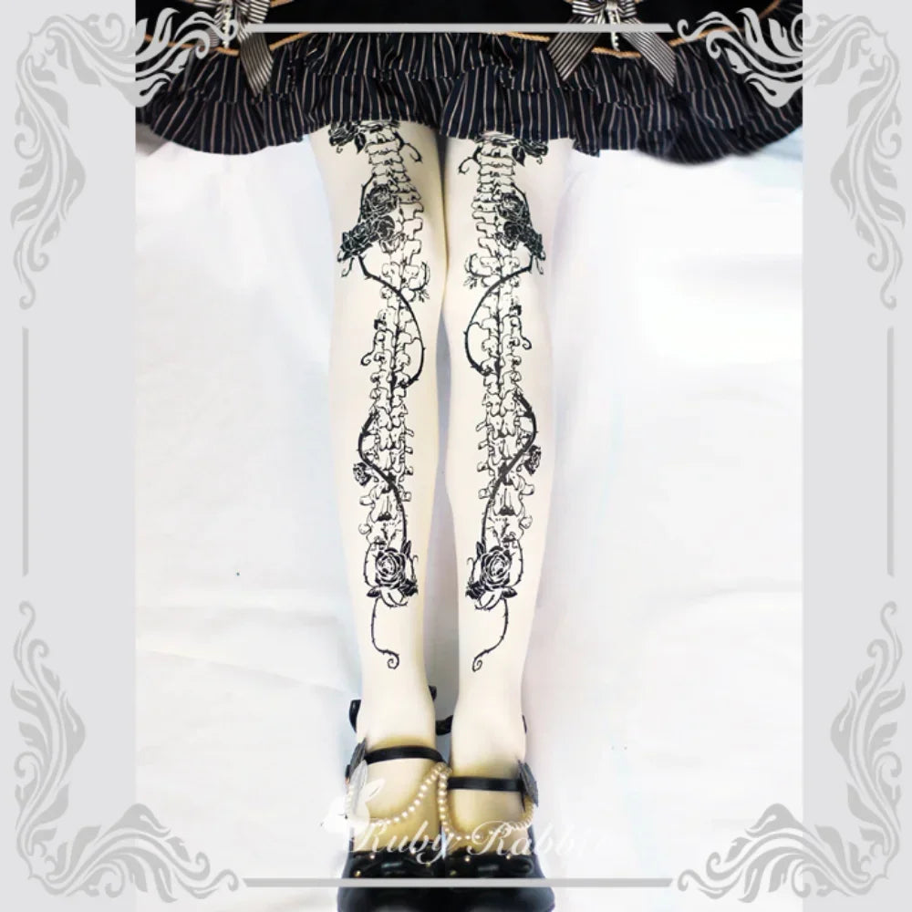 Lolita Printed Pantyhose Stockings Female White Halloween Cosplay Tights Pantyhose Spring Women's Gothic Bottoms Sexy Long Socks