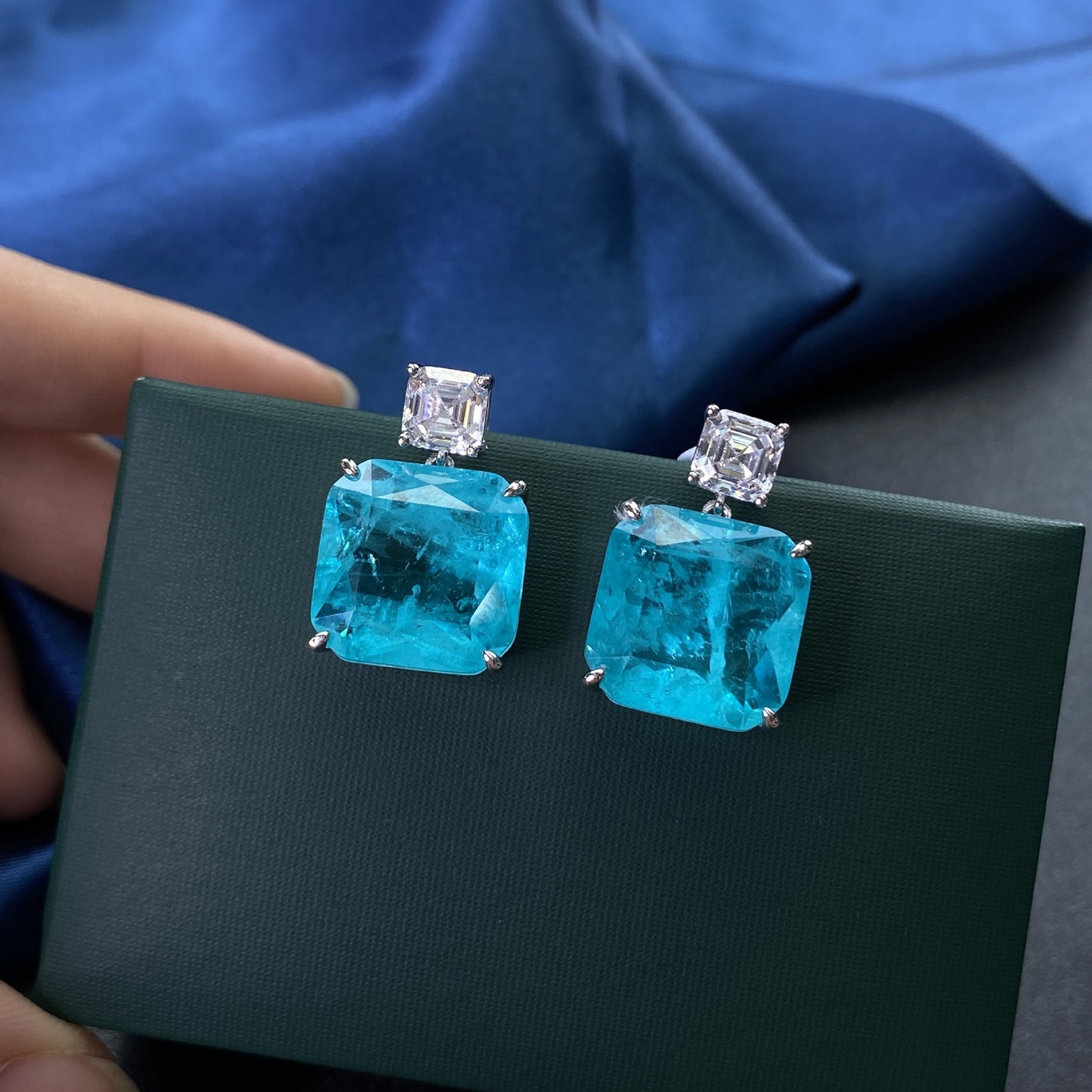 New Sparkling Paraiba Tourmaline Gemstone Drop Earrings 100% Sterling Silver High Carbon Diamond Fine Jewelry for Women