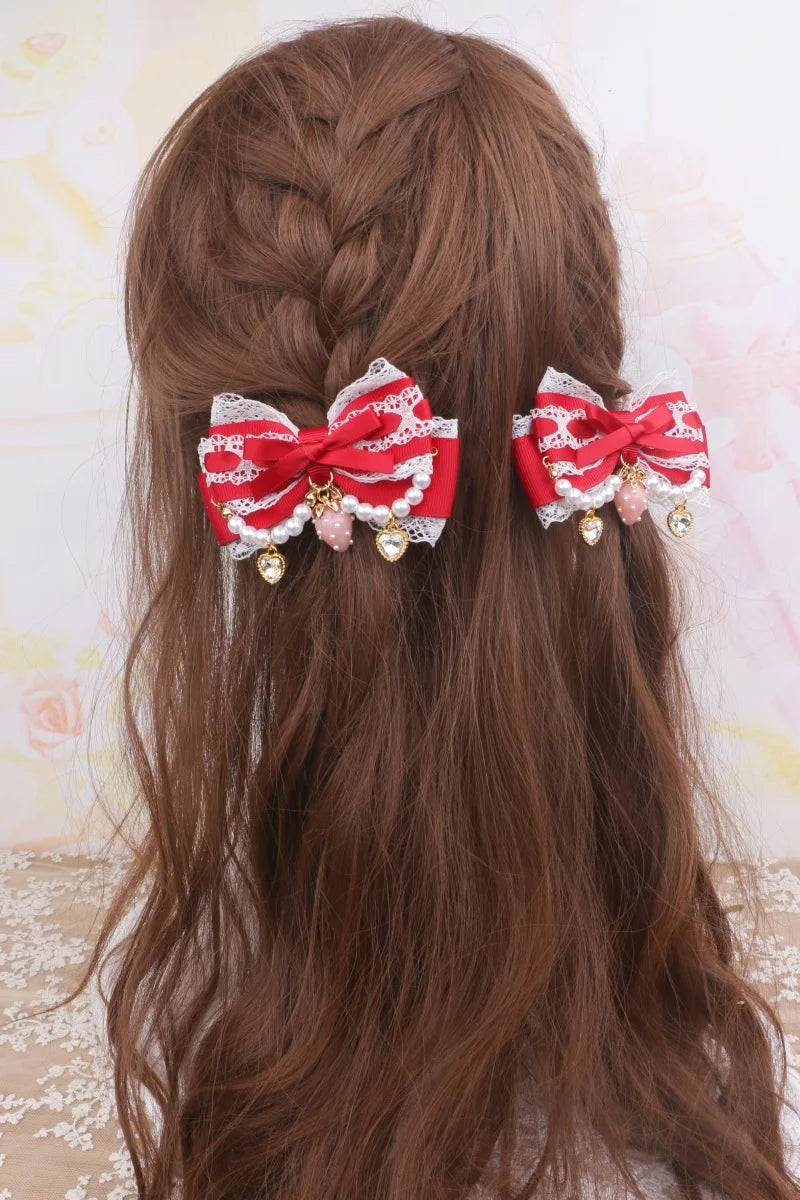 Larme Kei Lace Hair Clips Sweet Girl's Beaded Bow Heart Rhinestone Hair Bows Lolita Strawberry Hair Accessories Gift