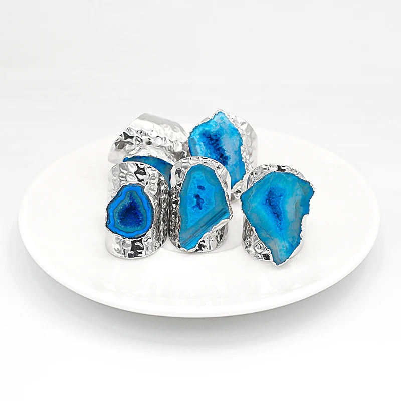 Irregular Geode Stone Agate Slices Open Ring for Women Girls  Silver Color Boho Resizable Finger Jewelry