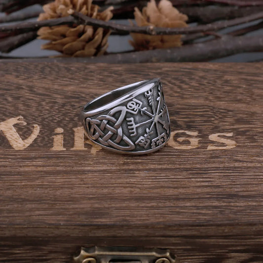 Viking Vintage Compass Rune Stainless Steel Ring Men's Celtic Ring Biker Boyfriend Street Hip Hop Gift Jewelry Band Vikings Box