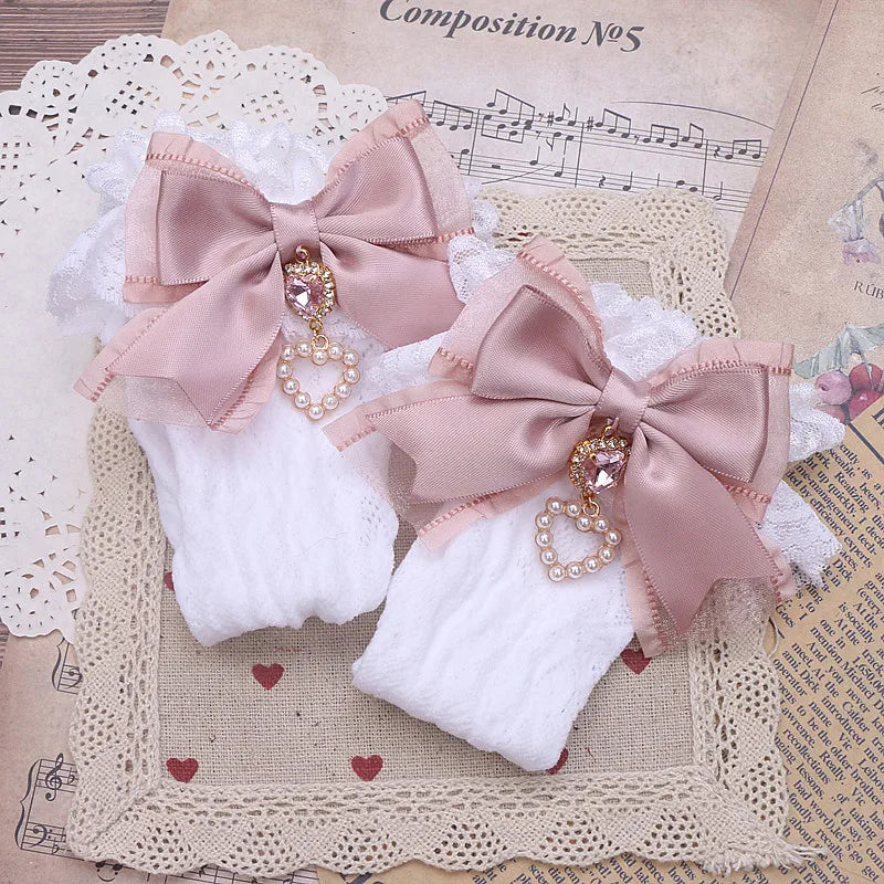 Big Bow Elastic Lace Socks Japanese Jiraikei Style Sweet Cute Lolita Socks Bow with Love Pendant for Girl Women
