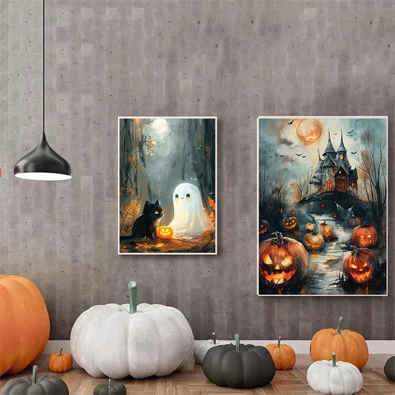 Spooky Halloween Town Folk Magical Forest Ghost Pumpkin Illustration Poster Canvas Painting Wall Pictures Holiday Home Decor
