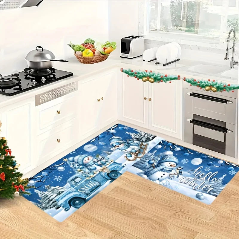 Merry Christmas Blue Snowman Truck Kitchen Mats Winter Xmas Entrance Non-slip Door Mat Balcony Hallway Rug Christmas Decorations