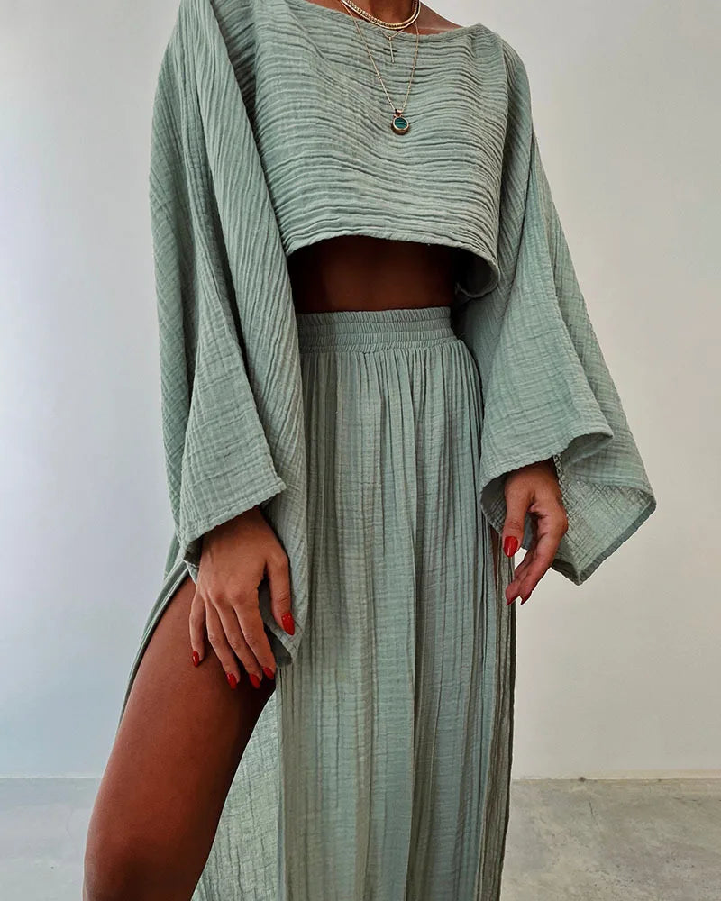 2 Pcs/Set Women Crop Top Skirt Sets Long Sleeve Top High Waist Split Skirts Suit Beach Bikini Coverup Lady Elegant Party Outfit