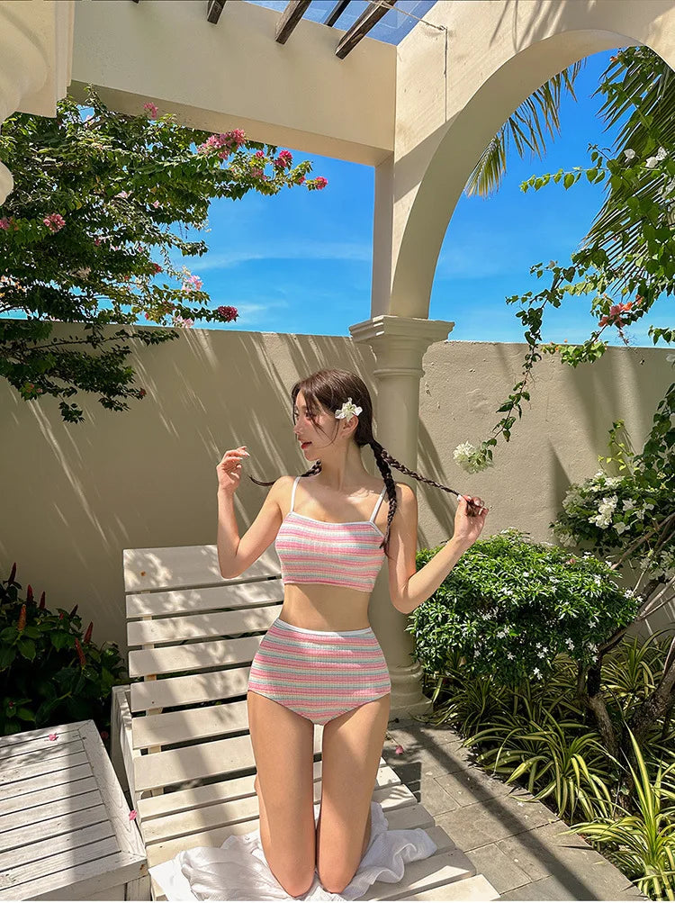 Sexy Stripe Bandeau Swimwear High Waist Bikini 2024 Women 3 Pack Swimsuits with Skirt Bathing Suit Korean Bikinis Set Beach Wear