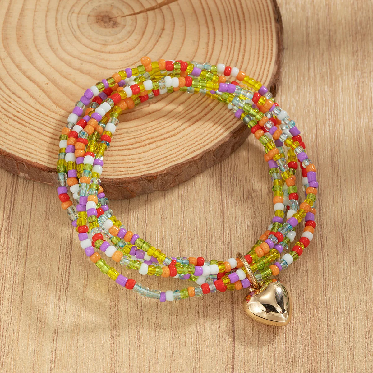Rainbow Crystal Multilayers Heart Anklet Sets For Women Rice Beads Chain Ankle Bracelet Elastic Rope Beach Foot Accessories