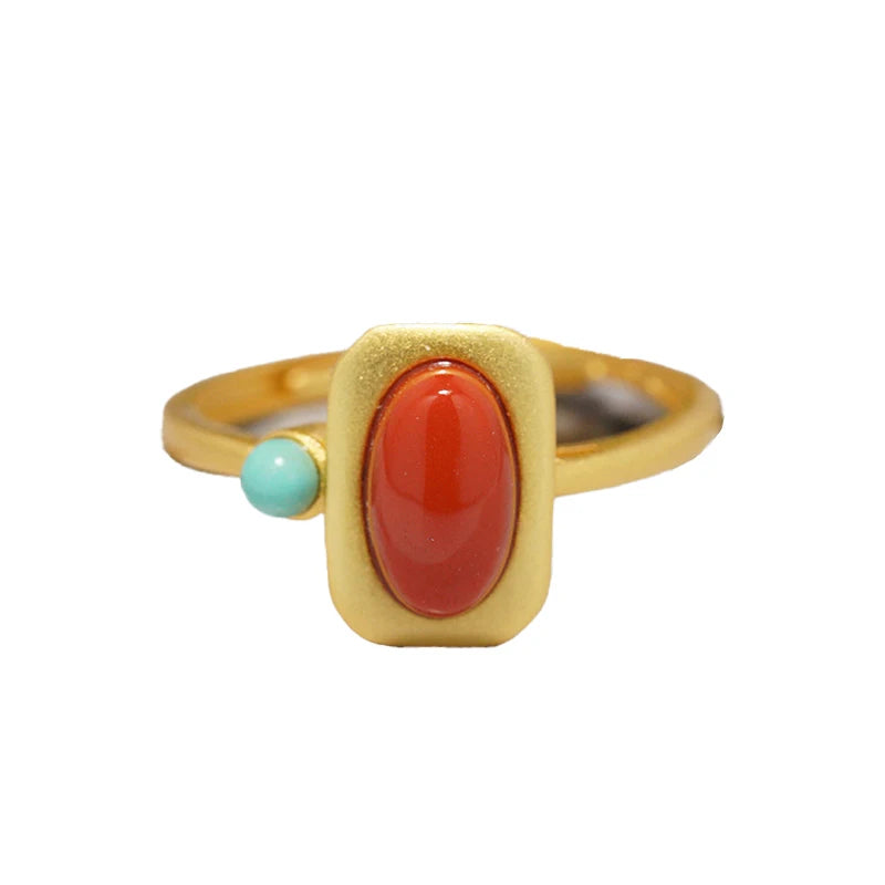 Exquisite artistic style Southern red tourmaline square rings for women inlay turquoise Simple charm jewelry adjustable