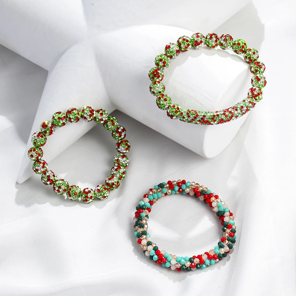 New American Independence Day 3pcs Stack Bracelet Set 10mm Red White Blue Mixed Rhinestone Ball Glass Beaded Elastic Bracelet