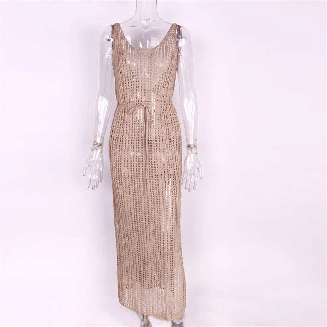 S - XL Backless Hollow out Knitted Crochet Tunic Beach Cover Up Cover-ups Beach Dress Beach Wear Beachwear Female Women V3660