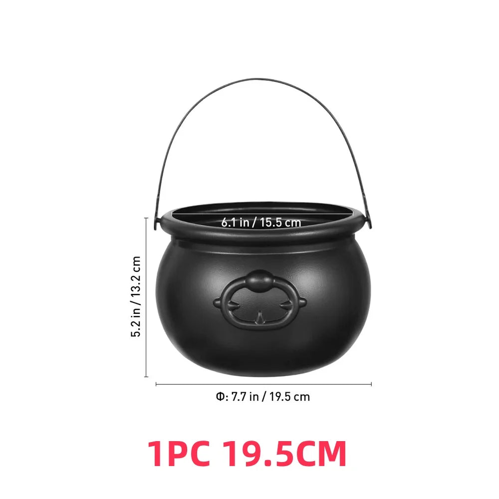 Halloween Candy Bucket Jar Trick Or Treat Black Plastic Cauldron Witch Bowls with Handle Halloween Party Decorations Props