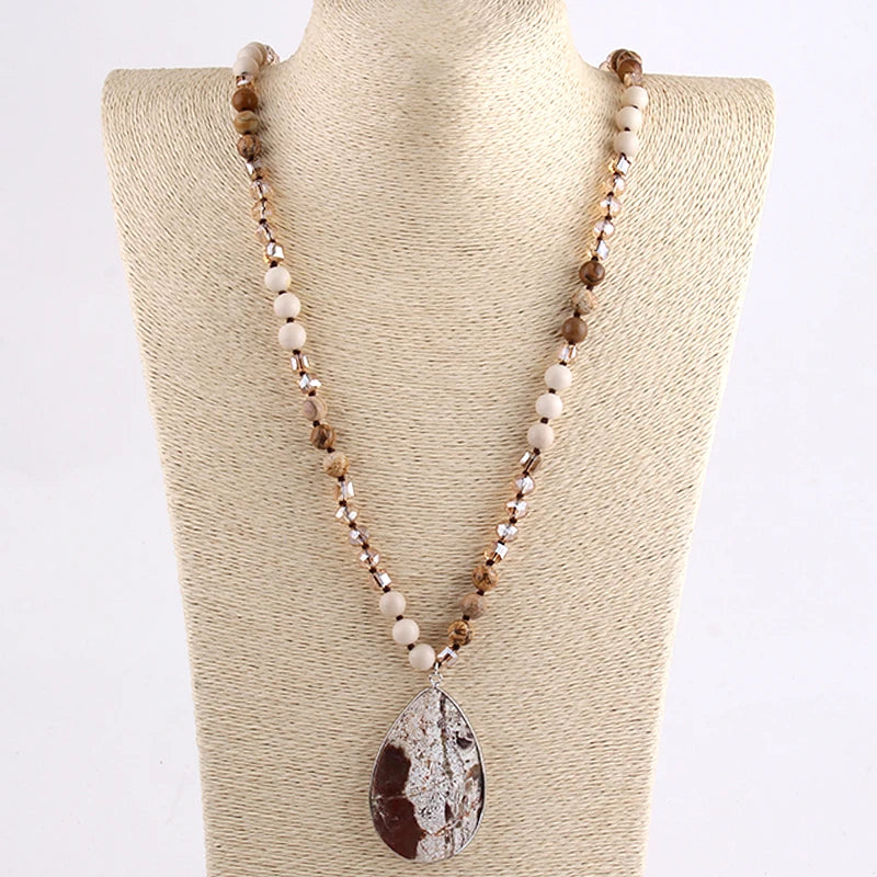 RH Fashion Beaded Necklace 8mm Natural Stone Glass Beads Knotted Pendant Necklaces For Women Bohemian Jewelry  Dropship