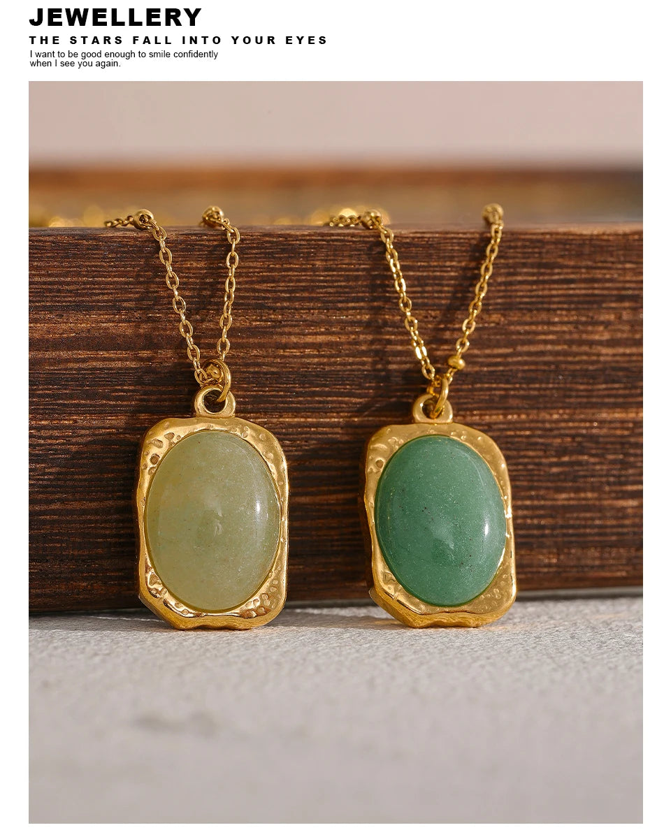Yhpup Natural Stone Square Pendant Stainless Steel Necklace Amethyst Green Aventurine Charm Fashion Collar Jewelry  Women