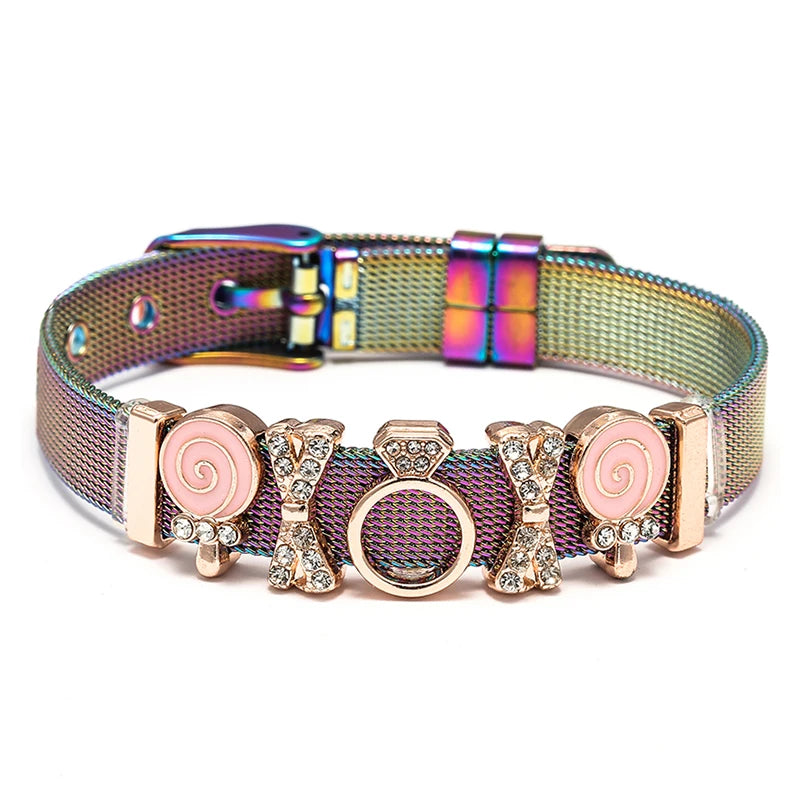 Silver Color Stainless Steel Mesh Bracelets For Women Crystal Santa Claus Beads Charm Watch Belt BraceletsBangles Christmas Gift