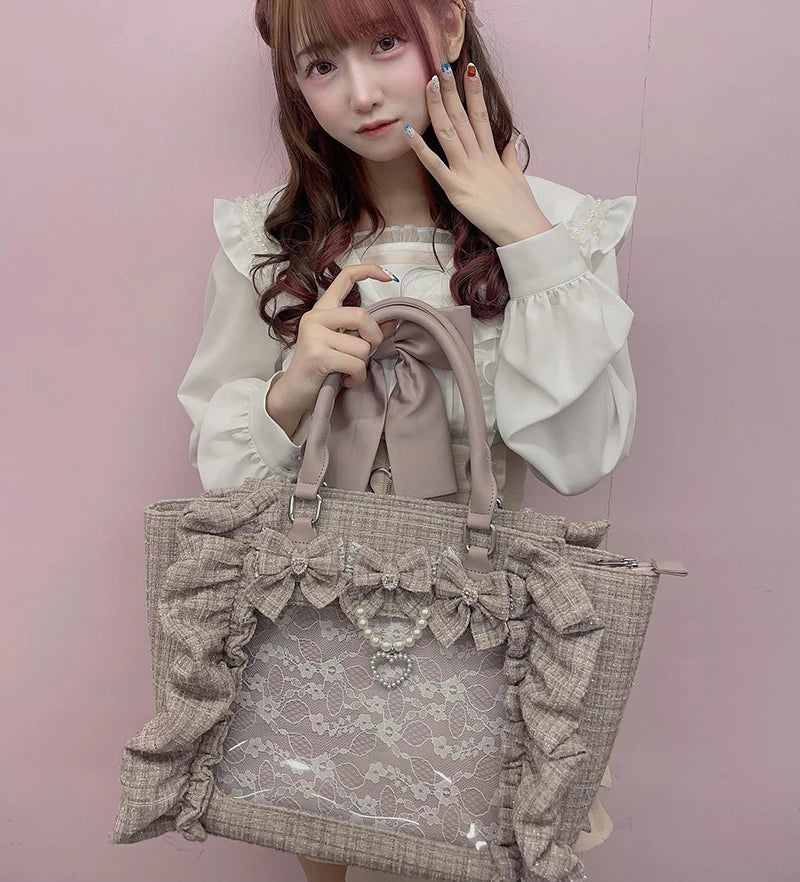 Japanese Style Mine Ita Bag Ruffled Lace Women Girls Rhienstone Pearl Bowknot Square Tote Shoulder Portable Bolso Handbags