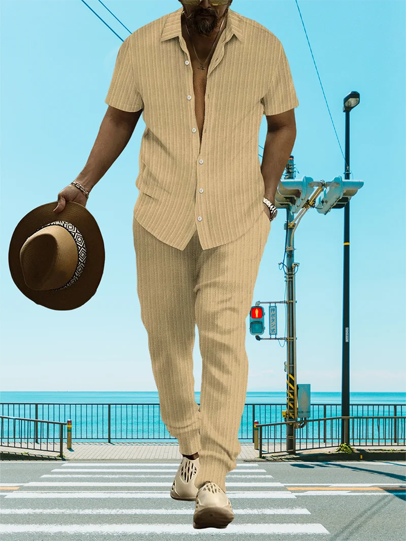 Ultra-thin Ultra-light Summer Men's Shirt Casual Loose Short Sleeve + Trousers Beach Suit Surf Casual Solid Color Lapel Suit