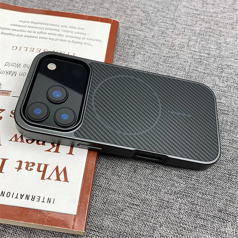 Carbon Fiber Texture MagSafe Phone Case For iPhone 17 Pro 16 pro max 15 Pro 14 13 12 Senior Frosted Wireless Charging Back Cover