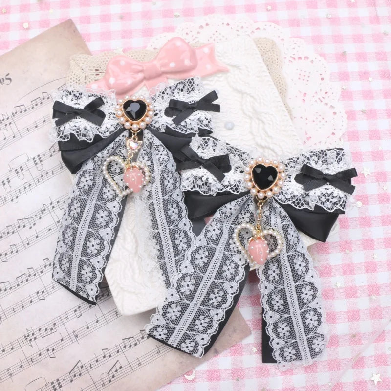 Lolita Style Hairclips Y2K Girl Handmade Bow Lace Ribbon Bowknot Hair Clip with Strawberry Heart Accessories Pendant