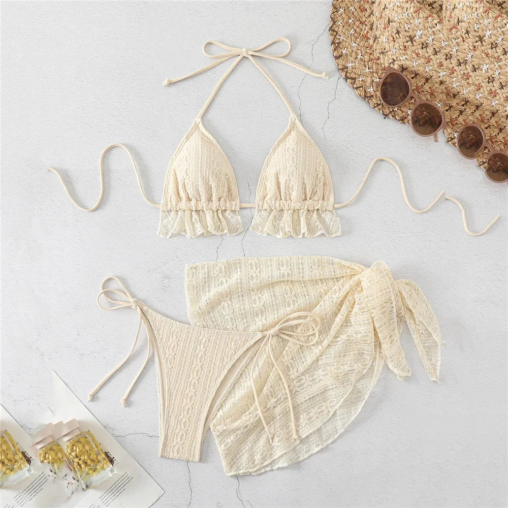 Halter String Triangle 3 Piece Bikini Set Beige Lace Mesh Sexy Swimsuit Women 2025 Cover Up Swimwear Bathing Suit Bikinis Dames